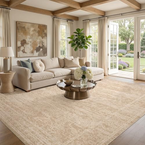 Nakagishi 7x9 Area Rugs Living Room:Washable Large Vintage Rug Neutral Non-Slip Soft Stain Resistant Indoor Carpet for Bedroom Nursery Dining Room Office Playroom - color: Beige/Dark Brown, size: 7' x 9' (Rectangular)