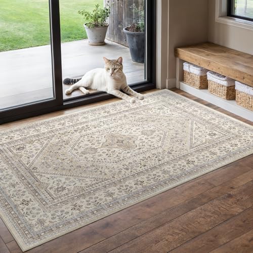 Washable 3x5 Area Rug for Entryway - Bedroom Rugs with Non Slip Rubber Backing for Kitchen Bathroom Indoor Soft Stain Resistant Carpet Rug for Pet Feeding Area and Distressed Floor Decor Beige/Gray - color: Beige/Gray, size: 3' x 5' (Rectangular)
