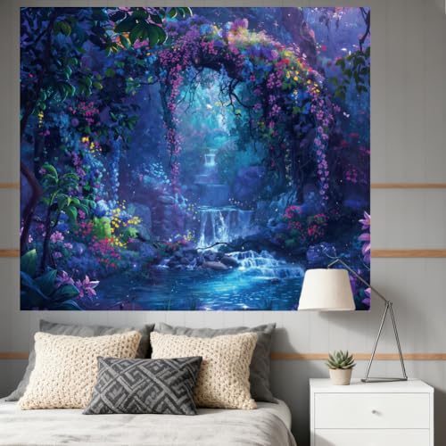 CRAFTYMELODY Waterfall Blacklight Tapestry Glow in the Dark Tapestry UV Reactive Colorful Flower Wall Hanging 59×51 Inch with Hook Self Adhesive Sticker Clip for Bedroom Home Wall Decoration - color: Flower Waterfall