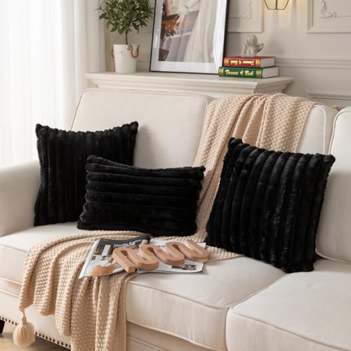 DEELAND Pack of 2,Double-Sided Faux Fur Plush Decorative Throw Pillow Covers Fuzzy Striped Soft Pillowcase Cushion Covers for Sofa Couch Bedroom Black 24x24 inch - color: Black, size: 24" x 24" (Pack of 2)