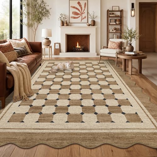 Garvee Easy Jute 9x12 Large Area Rug for Living Room Scalloped Checkered Indoor Outdoor Rugs Non Slip Low Pile Patio Outdoor Rugs Washable Carpet for Porch Bedroom Living Room Backyard, 9'x12' - color: Checkered|jute, size: 9' x 12' (Rectangular)