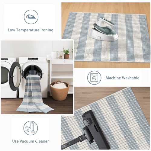 Boho Striped Outdoor Mats for Front Door 2'x4.3',Blue and Cream Washable Rug Runner,Cotton Hand Woven Indoor Outdoor Rugs,Foldable Farmhouse Layered Door Mats for Entryway - color: Blue, size: 2'x4.3'