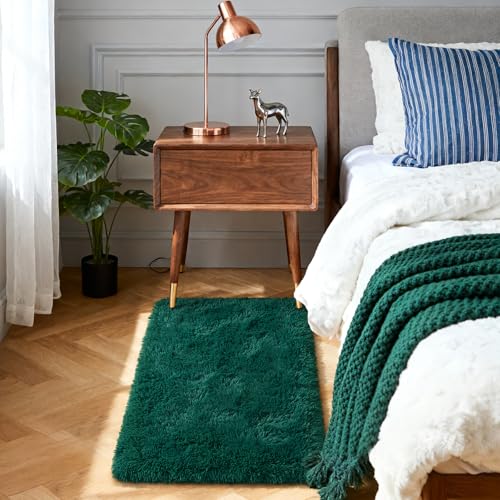 Merelax Fluffy Shaggy Area Rug, Deep Green 2x3 Small Rugs for Fireplace Christmas Holiday Decor, Mini Fuzzy Plush Throw Rug, Soft Non-Slip Entryway Rugs Shag Catpet for Livingroom Home Aesthetic - color: Deep Green, size: 2' x 3' (Rectangular)