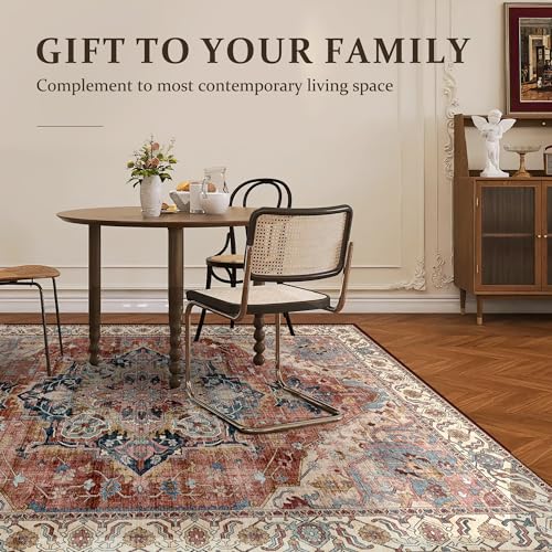 Deerly Washable Bedroom Area Rug 4x6 Indoor Thin Carpet for Living Room Boho Vintage Rug for Kitchen Entryway Dining Room Office Non-Slip Low Pile, Brickred/Multi - color: Brickred & Multi, size: 4' x 6' (Rectangular)