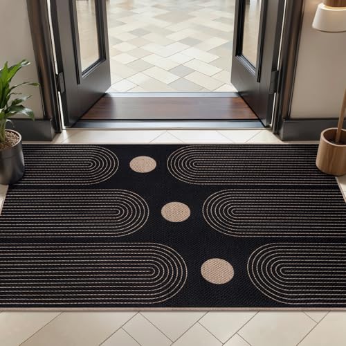 Tangsoo Rainbow Easy Jute Rug 2x4 Small Rugs for Entryway,Black Washable Thin Outdoor Door Mat,Non-Slip Indoor Floor Carpet Farmhouse Throw Mat for Kitchen Hallway Bedroom Front Porch - color: Black Rainbow-3, size: 2x4ft