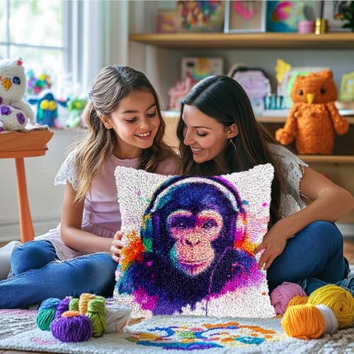 DIY Latch Hook Pillow Kits Watercolor Monkey Printed Pillowcase Crochet Yarns Hooking Handmade Pillow Cover Cushion for Home Sofa Decoration 17x17inch-1 - color: 07-Monkey
