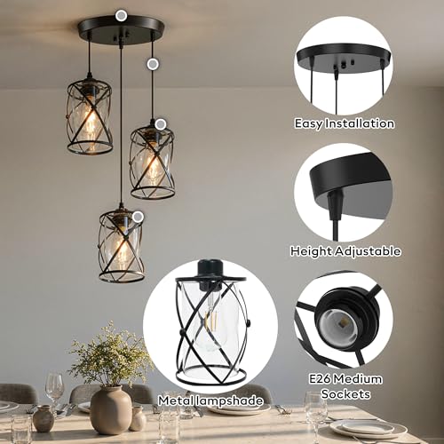 3 Light Pendant Lighting, Farmhouse Hanging Light Fixture for Kitchen Island & Dining Room, Industrial Vintage Ceiling Lamp with E26 Base, Adjustable Height, Matte Black with Glass Shades - color: X-Frame Glass Pendant - 3-Light (Black)