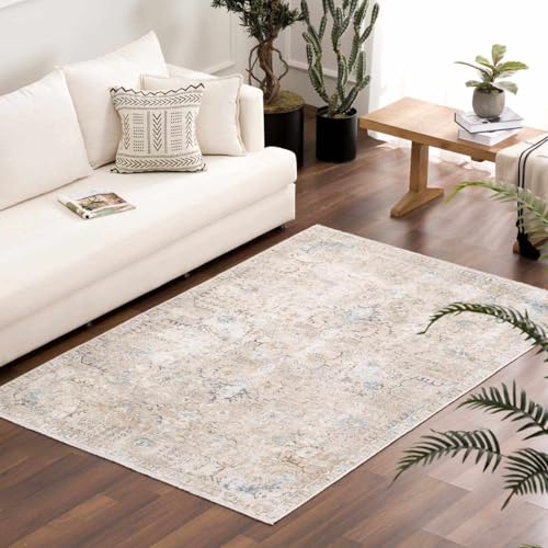 Hauteloom Caylin Bohemian Vintage Medallion Area Rug - Farmhouse Oriental Carpet for Living Room, Bedroom - Machine Washable- Cream, Dark Brown, Peach - 6'7" x 9' - color: Cream, Dark Brown, Peach / Caylin, size: 6'7" x 9' (Rectangular)