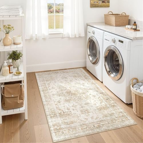 Washable Area Rugs 3x5, Soft Large 3x5 Rugs for Living Room Non-Slip Vintage Beige Indoor Carpet Stain Resistant Rugs for Dining Room Bedroom Nursery Kid & Pet Friendly - color: Beige, size: 3' x 5' (Rectangular)