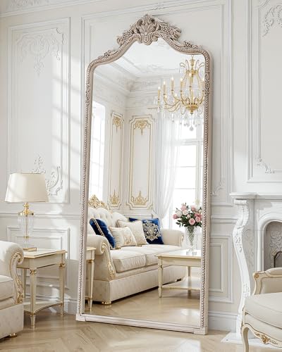 Wall Mount Arched Full Length Mirror,71"x32" Traditional Ornate Vintage Floor Standing Frame for Bedroom Body Hanging Leaning,Baroque Antique Vintage Long Mirrors for Wall,Decor, Living Room, Bedroom - color: Exquisite Silver