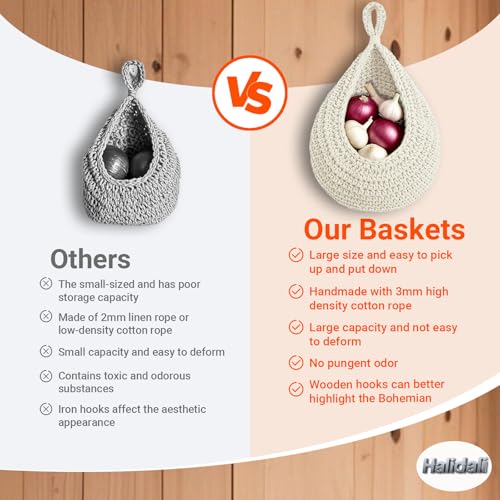 Hanging Fruit Baskets for Kitchen, 3 Pack Boho Cotton Rope Handwoven Vegetable Storage Wall Mounted Large Organizing Basket for Farmhouse Decor, Onion, Potato, Garlic and Plants (White) - color: White
