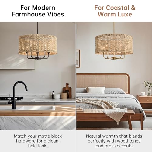 5-Light Rattan Chandelier for Dining Room, Boho Chandelier, Coastal Hand Woven Pendant Light Fixture for Kitchen Island Entryway Foyer Living Room Bedroom UL Listed Black - color: Black, size: 17.7"