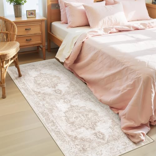 Area Rug 2x6 Runner Rug: Washable Vintage Hallway Rugs Indoor Medallion Rug Low Pile Distressed Floor Carpet Retro Accent Rugs for Kitchen Bedroom Bathroom Dining Room(Beige, 2'x6') - color: Beige, size: 2' x 6' (Rectangular)