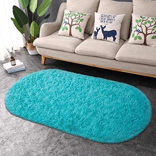 junovo Ultra Soft Washable Shaggy Rug - Non-Slip Oval Carpet for Nursery, Kids Bedroom & Home Decor (2.6x5.3ft Teal Blue) | Plush Fluffy Floor Mat for Cozy Living Spaces - color: Teal Blue, size: 2.6' x 5.3'