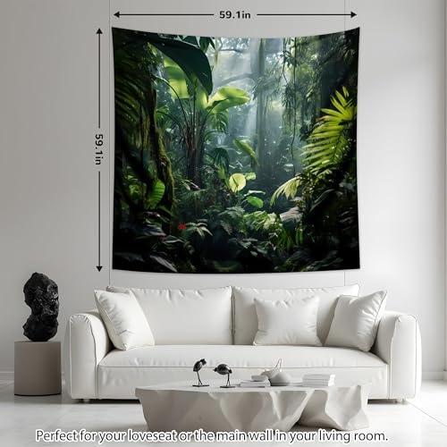 QGHOT Jungle Tapestry Wall Hanging Tropical Rainforest Backdrop Green Palm Leaves Tapestry Extra Large Forest Wall Art for Bedroom Living Room Office Decor 59.1" L x 59.1" W - size: 59.1"L x 59.1"W