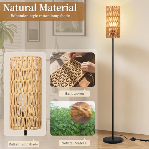 Ruiever Floor Lamp for Living Room,Farmhouse Rattan Floor lamp,Modern Standing lamp with Hand-Worked Rattan Shade,Black Tall Lamp with Foot Switch for Bedroom,Kids Room,Office,LED Bulb is Included. - style: Round Rattan Shade-3 Color Bulb