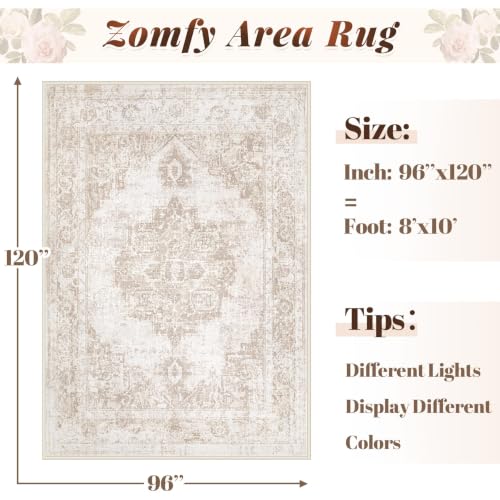 Area Rug 8x10 Vintage Rug: Large Washable Indoor Medallion Rugs Low Pile Distressed Floor Carpet Retro Accent Rug for Living Room Bedroom Kitchen Dining Table Home Office(Beige, 8'x10') - color: Beige, size: 8' x 10' (Rectangular)