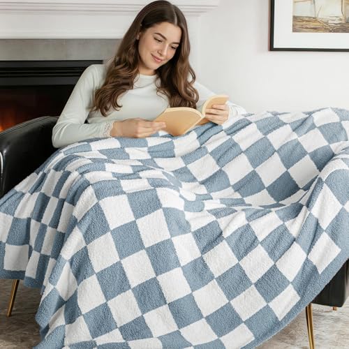Exclusivo Mezcla Checkered Twin Size Knit Blanket for Bed, Ultra Soft and Warm Reversible Woven Blankets, Cozy Snuggly Throw for Couch Bed and Home Decor, Stone Blue, 60"x80" - color: Stone Blue, size: Twin (60"x80")