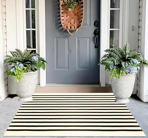 Washable Proch Rug 2.3'X3.6',Beige and Black Entryway Rug Cotton Woven Bathroom Rugs Front Porch Decor for Bedroom/Home Entrance/Front Porch - color: Beige Black, size: 2'4" x 3'7" (Rectangular)