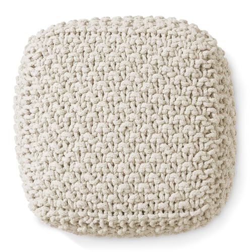 Casafield Square Pouf Ottoman, Natural - 18.5" W x 18.5" D x 14.5" H Cotton Knit Foot Stool - Boho Floor Pouffe for Living Room, Bedroom, Home Office - color: Natural, size: 18.5"D x 18.5"W x 14.5"H