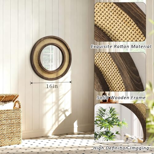 JJUUYOU Circle Wall Mirror with Retro Wood Frame Round Rattan Mirrors Decorative for Bedroom Living Room Bathroom Entryway Hallway Hanging 16 Inch - color: Round Mirror-dark Brown, size: 16"L x 16"W