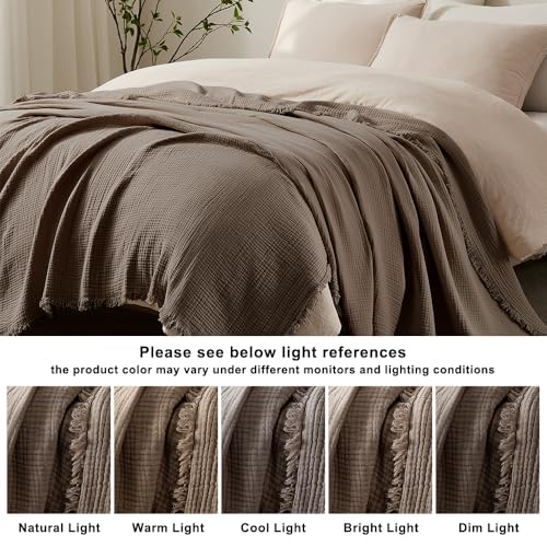 WDCOZY 100% Cotton Muslin Blanket King Size 4-Layer for Bed Breathable Lightweight Soft Large Boho Farmhouse Linen Tassels Ruffle Gauze Blankets 108x90 Inches Brown Mocha Chocolate Coffee Taupe - color: Mocha, size: King (108"x90")