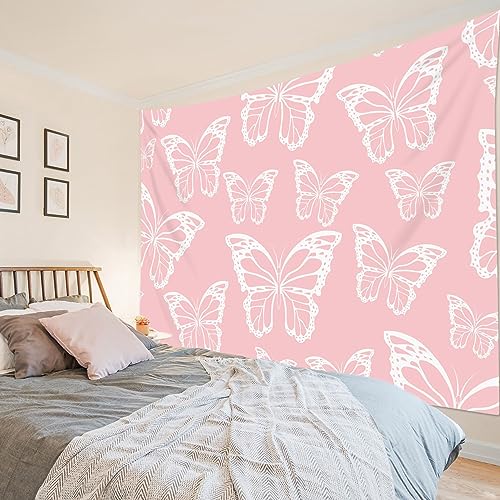 HVEST Butterfly Wall Hanging, Vintage Butterfly on Pink Tapestry for Bedroom, Living Room, Dorm Wall Decor, 59W x 51H inches - color: Pink, size: 51"L x 59"W