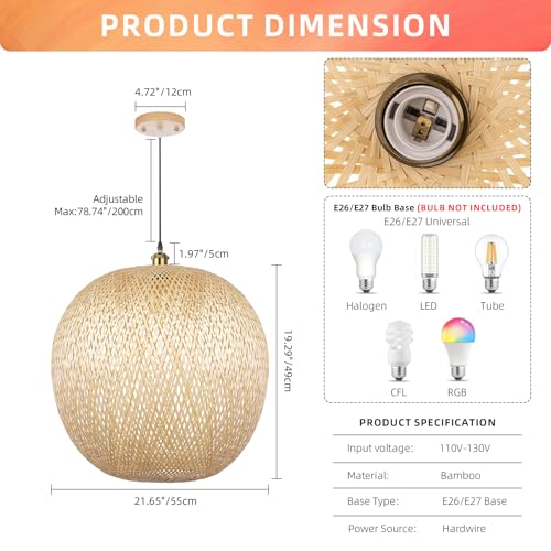 Arturesthome Bamboo Pendant Lighting Fixtures, Round Wicker Chandelier Hand-Woven Boho Basket Lampshade Hanging Ceiling Light for Kitchen Island Living Room - size: 21.6″W x 19.3″H