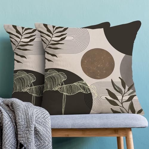 Boho Pillow Covers 18x18 Inch Set of 2 Mid Century Brown Taupe Beige Throw Pillow Covers Outdoor Decor Modern Abstract Tropical Leaf Pillowcase Farmhouse Decorative Cushion Cover For Sofa Couch - color: Boho-brown-a, size: 18" x 18" (Pack of 2)