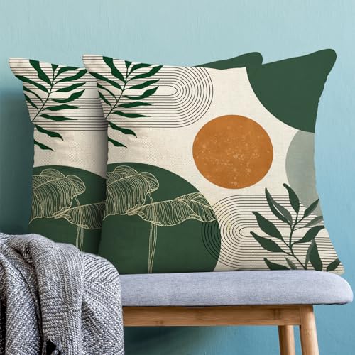 Boho Pillow Covers 18x18 Set of 2 Mid Century Green Orange Sunset Throw Pillow Covers Outdoor Decor Modern Abstract Tropical Leaf Pillowcase Farmhouse Decorative Cushion Cover for Sofa Couch - color: Boho-green-c, size: 18" x 18" (Pack of 2)