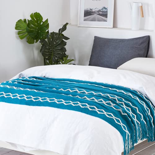 BOURINA Fluffy Chenille Knitted Fringe Throw Blanket Lightweight Soft Cozy for Bed Sofa Chair Throw Blankets Teal 60" x 80" - color: A-teal, size: 60"×80"