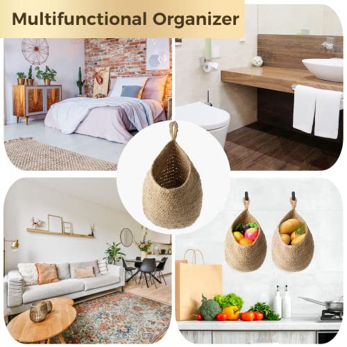 2Pcs Jute Hanging Fruit Baskets, Teardrop Onion Basket for Vegetables, Handmade Jute Wall-Mounted Organizer, Boho Wall Decorative Storage Basket for Kitchen, Living Room, Bedroom