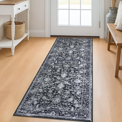 KILOCOCO Washable Runner 2x5 Rug Runner Printed Vintage Floral Kitchen Runners Non-Slip Rubber Backed Runners for Hallways Distressed Thin Soft Rugs for Entryway Laundry Room, Black/Navy/White - color: Black/White, size: 2' x 5' (Runner)