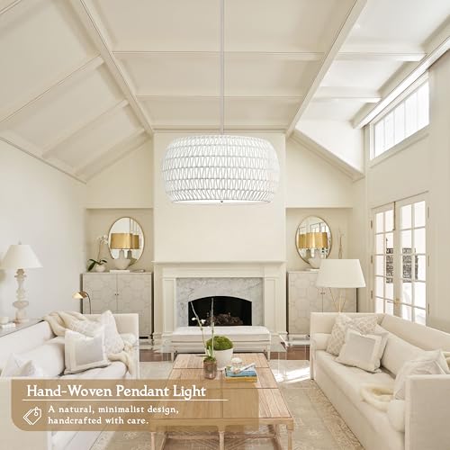 23 inch White 5 Light Rattan Chandelier Rattan Farmhouse Light Fixture Woven Pendant Lights Fabric Shade Boho Chandelier for Kitchen Dinning Room - color: 23"-White-Drum