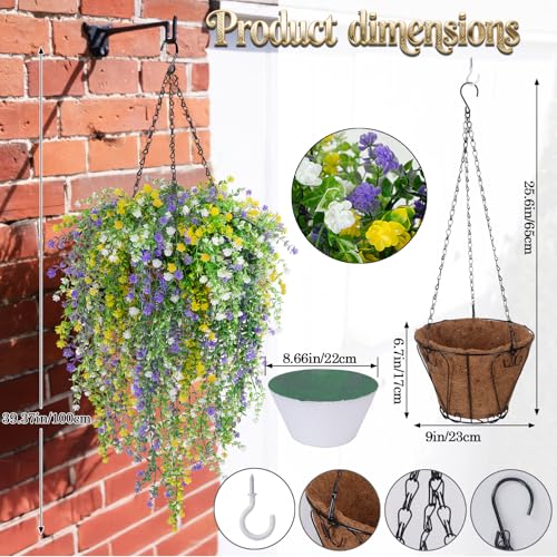2 Set Artificial Flower Hanging Baskets for Outdoors, 20Pcs Fake Hanging Plants, Outdoor Faux Flowers UV Resistant for Spring Summer Porch Patio Garden Home Decoration (White+Purple+Yellow) - color: White+purple+yellow