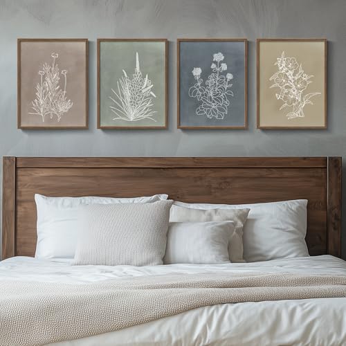 Framed Boho Botanical Wall Art for Bedroom, 4 Piece Vintage Neutral Floral Canvas Painting Prints, Minimalist Rustic Flower Pictures for Farmhouse Living Room Kitchen Dining Room Wall Decor, 11x14 In - color: Simple - Walnut Framed, size: 11" W x 14" H x