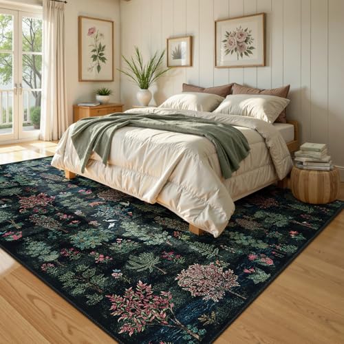 Beeiva 5x7 Area Rugs for Bedroom, Dark Green Boho Forest Washable Rugs 5x7 for Dining Room, Stain Resistant Non-Slip Botanical Print Playroom Rug for Kids Room Nursery Living Room(Dark Green,5x7ft) - color: Dark Green-forest, size: 5' x 7' (Rectangular)