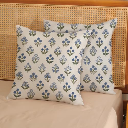 Blue Green Pillow Covers 16x16 Inch 2 Pcs Block Print Vintage Floral Decor Throw Pillows Boho Flower Spring Summer Outdoor Seasonal Decoration Pillowcase Linen Cushion Cover for Couch Sofa - color: Blue Green Block Print Floral, size: 16" x 16" (Pack of 2