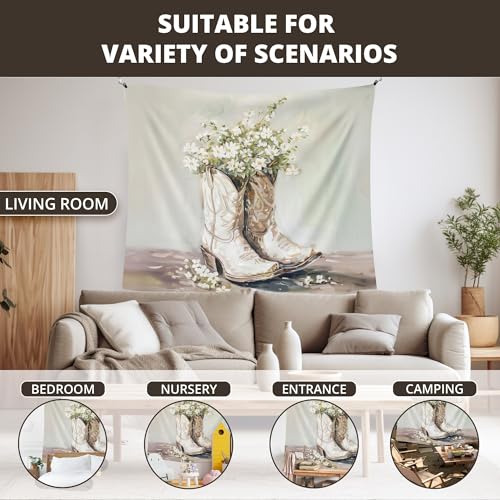 WAITPI Boho Western Cowgirl Hanging Wall Tapestry for Bedroom, Boho Western Floral Cowgirl Boots Girly Wall Hanging Decor Tapestry for Girls Room Dorm Apartment, 50x60in