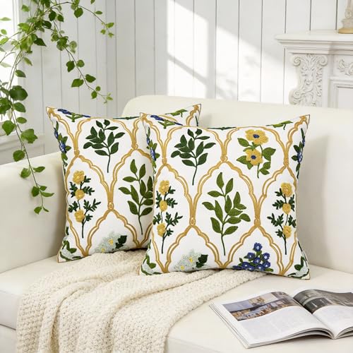 Alysheer Spring Summer Floral Embroidered Decorative Throw Pillow Cover 18"x 18" Set of 2, Flower Leaves Embroidery Patterned Multicolor Cushion Case for Sofa Couch Living Room Bedroom Outdoor - color: - Blue Mustard, size: 18" x 18" (Pack of 2)