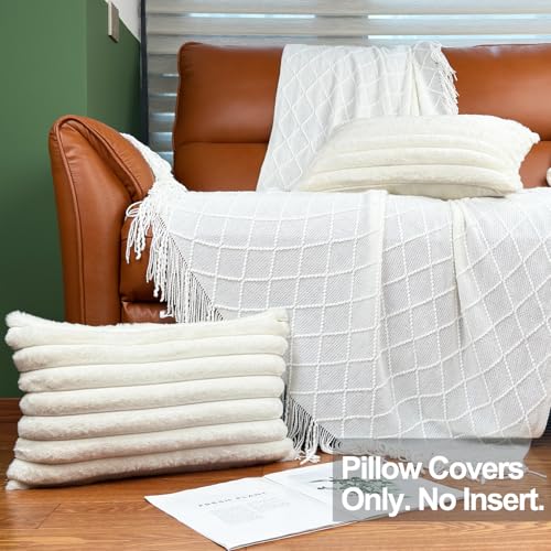 12x20 Throw Pillow Covers Set of 2, Decorative Faux Fur Covers for Bed, Couch Soft Fluffy Pillow Cover with Velvet Back for Living Room, Neutral Home Décor Accent for Sofa - Cream White - color: Cream White, size: 20" x 12" (Pack of 2)