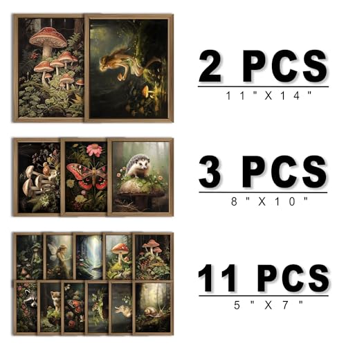 ANERZA 16 PCS Framed Dark Cottagecore Wall Art Decor, Cottage Core Wall Prints for Bedroom, Gallery Wall Frame Set, Fairycore Posters for Living Room Aesthetic, Nature Forest Mushroom Dorm Home Decor - color: DarkOliveGreen, size: 12"x15" Framed