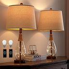 OYEARS Bedside Table Lamps Set of 2 with USB, Modern Bedside Lamps Retro Farmhouse Rattan Glass Nightstand Nightlight Lamps for Bedroom Living Room Dorm,Two Light Points - color: Wood-Like