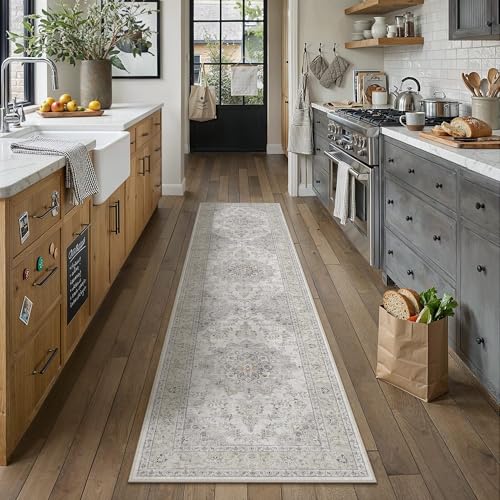 HUGEAR Hallway 2x8 Runner Rugs Machine Washable Rugs Vintage Grey Non-Shedding Low Pile Persia Throw Carpet Non Slip for Living Room Bedroom Dining Room Kitchen Office Home Decor - color: Beige / Grey, size: 2' x 8' (Runner)
