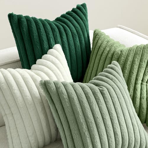 MIULEE Faux Fur Plush Decorative Throw Pillow Covers 18x18 Set of 4, Spring Modern Soft Fuzzy Striped Cushion Covers for Sofa Couch Bed Living Room Cozy Home Decor,Green - color: Green, size: 18" x 18" (Pack of 4)