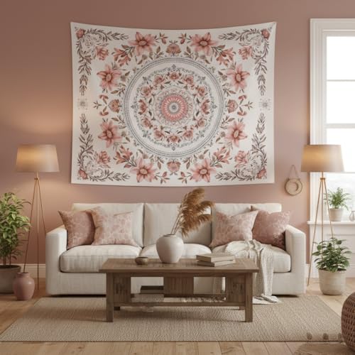 Motanber Pink Floral Tapestry Wall Hanging Boho Mandala Medallion Tapestry Aesthetic Watercolor Flower Cute Large Tapestries for Bedroom Living Room Dorm Decor 80 x 60 Inch - color: Light Pink, size: 80"L x 60"W