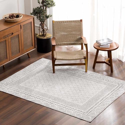 Hauteloom Burdette Machine Washable Boho Vintage Bordered Area Rug - Farmhouse Traditional Trellis Carpet for Living Room, Bedroom - Transitional - Gray, Cream, Charcoal - 8'10" x 12' - color: Light Beige, Charcoal / Burdette Washable, size: 8'10" x 12' (