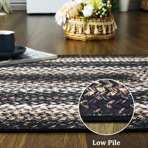 ROYHOME Braided Print Boho Rug 5x7 Living Room Area Rugs Modern Geometric WashableThrow Carpet Farmhouse Large Accent Carpet for Bedroom Kitchen Nursery Office, Black - size: 5' x 7' (Rectangular)
