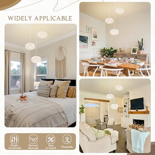 12" Boho White 3-Light Boho Chandeliers for Kitchen Island Hand-Woven Boho Rattan Chandeliers Dimmable Adjustable Hanging Wicker Chandelier for Dining Room Living Room （Bulb Incl.） - color: 11.8" White 3-Light