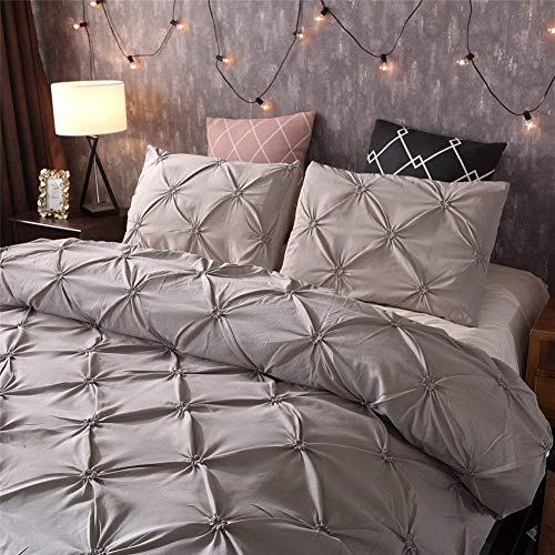 Feelyou Queen Duvet Cover Set Pinch Pleated, Soft Polyester Pintuck Tufted Style Bedding Sets Solid Grey Geometric Quilt Cover with 2 Pillow Shams, Luxurious Comforter Cover Set,3-Pieces - color: Grey, size: Queen
